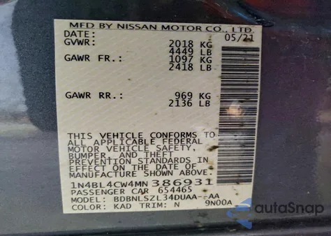 2021 Nissan Altima Sr из США, поврежденный, VIN 1N4BL4CW4MN386931